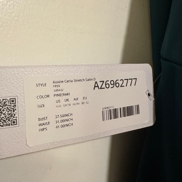 NWT! Azazie Ceria A-Line V-Neck Stretch Satin Floor Length- Pine,Size A10 - Picture 9 of 9